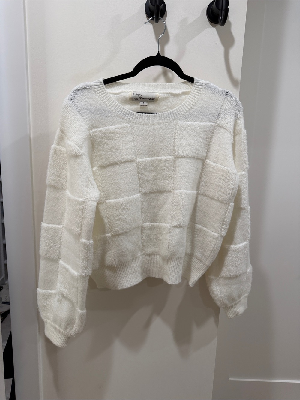 Vintage Cream Textured Check Crew Sweater